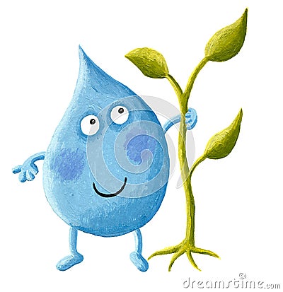 Funny cartoon water drop feeds the plant - environmental protection Cartoon Illustration