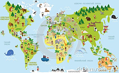 Funny cartoon world map in russian with childrens of different nationalities, animals and monuments. Vector Illustration