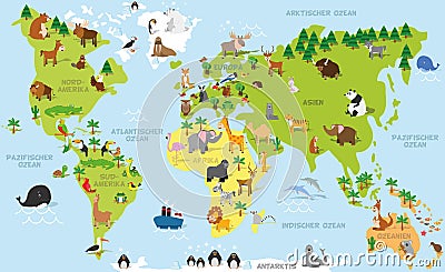 Funny cartoon world map in german with traditional animals of all the continents and oceans. Vector illustration for preschool Vector Illustration