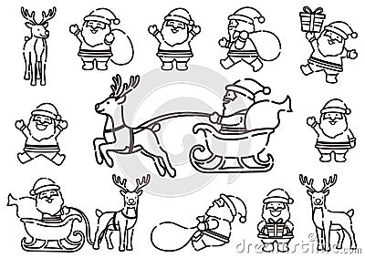 Funny Cartoonish Santa Claus And Reindeer Line Drawing Set In Dynamic Poses, Vector Illustration. Vector Illustration