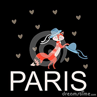 Funny cartton fox - fashionista trying on hats on black background with little golden hearts. `Love Paris` pattern. Vector Illustration
