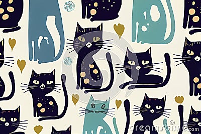 Funny cat animal crowd cartoon pattern in flat illustration style. Cute cat group background, diverse domestic cats. Wallpaper Cartoon Illustration