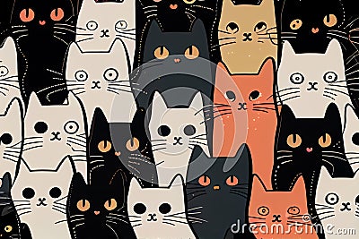 Funny cat animal crowd cartoon pattern in flat illustration style. Cute cat group background, diverse domestic cats. Wallpaper Cartoon Illustration