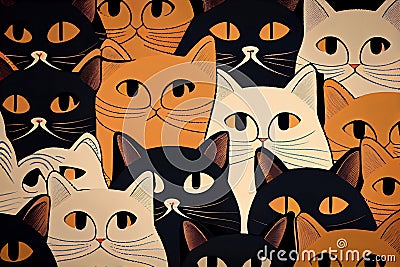 Funny cat animal crowd cartoon pattern in flat illustration style. Cute cat group background, diverse domestic cats. Wallpaper Cartoon Illustration