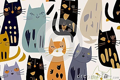 Funny cat animal crowd cartoon pattern in flat illustration style. Cute cat group background, diverse domestic cats. Wallpaper Cartoon Illustration