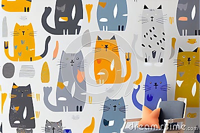 Funny cat animal crowd cartoon pattern in flat illustration style. Cute cat group background, diverse domestic cats. Wallpaper Cartoon Illustration