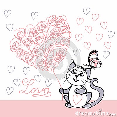 Valentine`s card with a cat and a heart of roses flowers. Vector Illustration