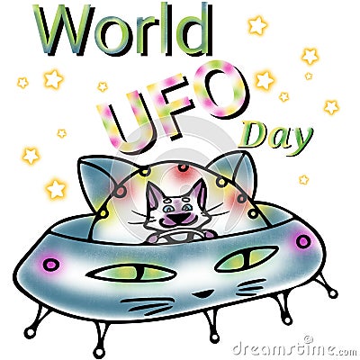 Funny cat character celebrate world ufo day print illustration Cartoon Illustration