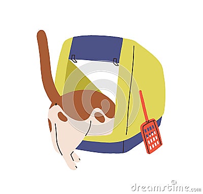 Funny cat cleaning litter box after pooping. Amusing kitty back, digging feces in feline litterbox. Sweet adorable Vector Illustration