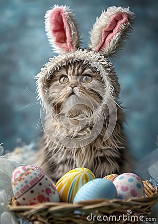 funny cat in easter bunny costume with a basket full of easter eggs Stock Photo