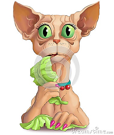 Funny Sphynx cat, vegetarian eating salad Stock Photo