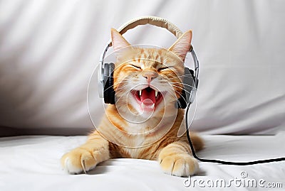 Funny cat listens to music on headphones and sings on the sofa Stock Photo