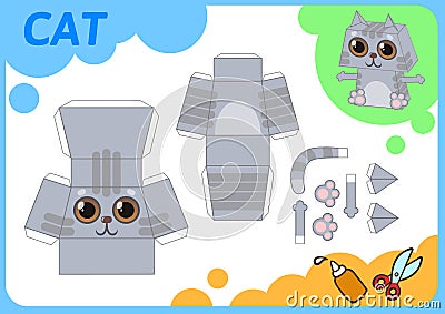 Funny Cat Paper Model. Small home craft project, DIY paper game. Cut out, fold and glue. Cutouts for children. Vector Vector Illustration