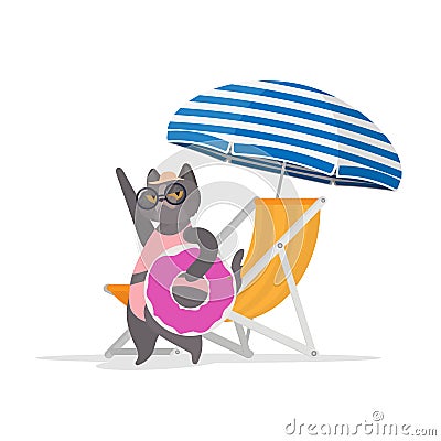 Funny cat with a pink flamingo-shaped rubber ring. Deckchair, parasol. Cat in glasses and a hat. Good for stickers Vector Illustration