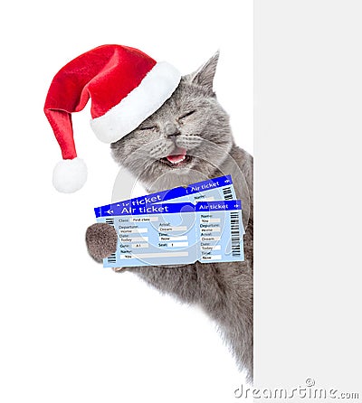 Funny cat in red christmas hat holding airline tickets. isolated on white background Stock Photo