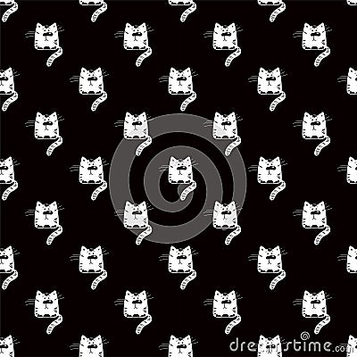 Funny cat. Seamless black and white pattern. Silhouette of a cartoon animal. Textile design with pet kitten Vector Illustration