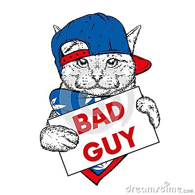 Funny cat with a sign, a cap and a headscarf. Bad guy, bully. Vector illustration for a postcard or a poster, print for clothes. Vector Illustration