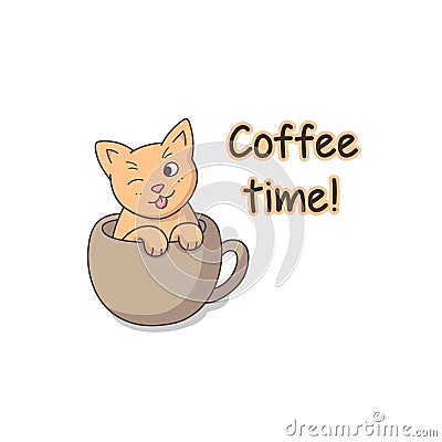Funny cat sticker coffee time vector Vector Illustration