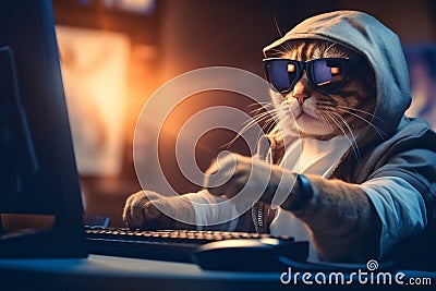Funny cat in sunglasses working on the laptop in the night. Hacker in hoodie dark theme. AI generated Stock Photo