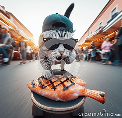 funny cat thieve wear cap and sunglass escape on skateboard from market with stolen grilled salmon Stock Photo