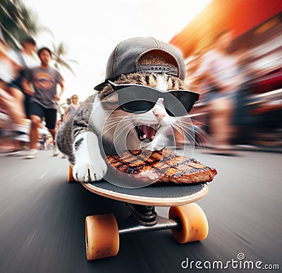 funny cat thieve wear cap and sunglass escape on skateboard from market with stolen grilled steak Stock Photo