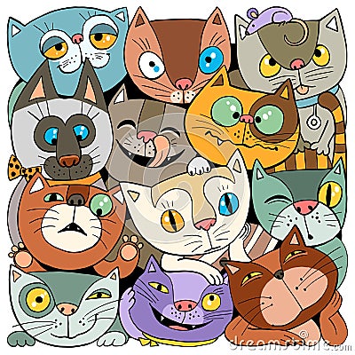 Cheerful crowd of cats in a square pattern Vector Illustration