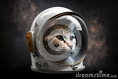 Funny cat wearing astronaut detailed white helmet Stock Photo