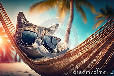 Funny cat wearing sunglasses on sea beach, pet relaxes on vacation, generative AI Stock Photo