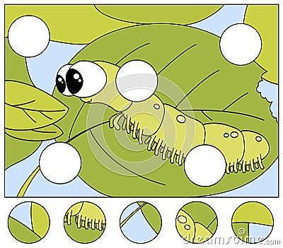 Funny caterpillar wants to eat a fresh leaf. Complete the puzzle and find the missing parts of the picture. Game for kids Vector Illustration