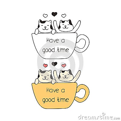 Funny cats in a cup doodle icon, Have a good time artwork Vector Illustration