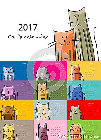 Funny cats. Design calendar 2017 Vector Illustration