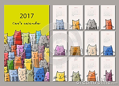 Funny cats. Design calendar 2017 Vector Illustration