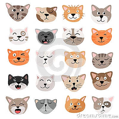 Funny cats face emotions. Hand draw vector illustration. Animals emtion set. Cute cat characters head, happy and angry Vector Illustration