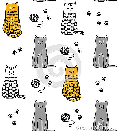 Funny cats handdrawn pattern vector Vector Illustration