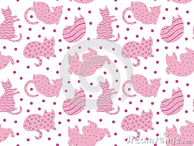 Funny cats pattern pink on white with gold dots vector Vector Illustration
