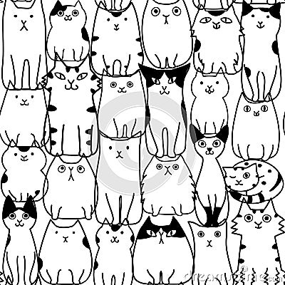 Funny cats seamless pattern, line drawing Vector Illustration