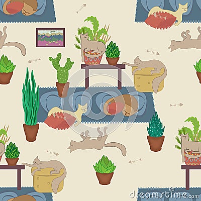 Funny cats sleep on the floor of the house seamless pattern Stock Photo