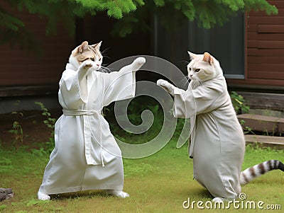 Funny cats in white kimono exercising yoga or Asian martial arts. Legs wide stance, paws in air Stock Photo