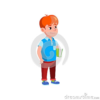 funny caucasian boy holding educational book in kindergarten cartoon vector Vector Illustration