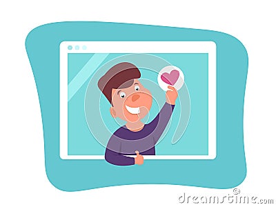 Funny caucasian teenager showing heart sign and thumb up. Vector Illustration