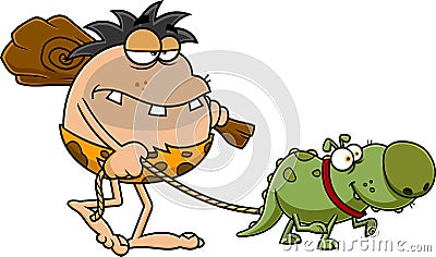 Funny Caveman Cartoon Character With Club And Dino Dog Goes To Hunting Vector Illustration