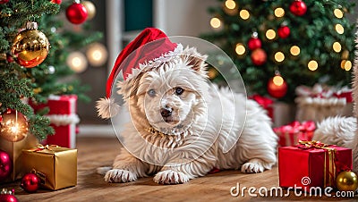 funny cute dog, wearing santa hat merry festive christmas Stock Photo