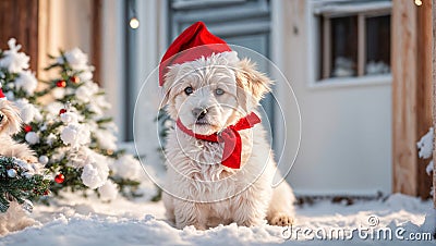 funny cute dog wearing santa hat merry festive christmas Stock Photo