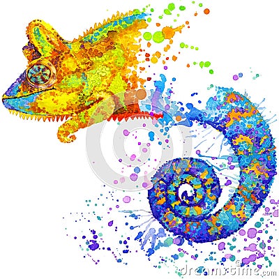 Funny chameleon with watercolor splash textured Stock Photo