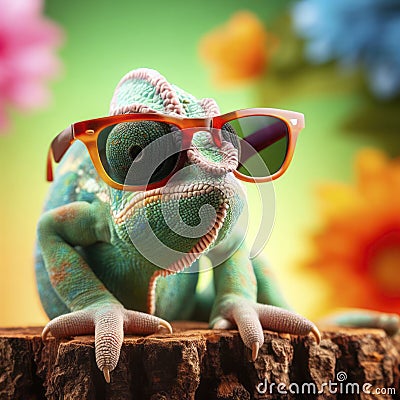 Funny chameleon wearing sunglasses in studio with a colorful and bright background. ai generative Stock Photo