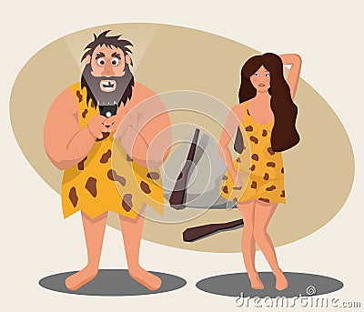 The funny character of the caveman stared at the mobile phone, not paying attention to the beautiful cave girl attracting his atte Cartoon Illustration