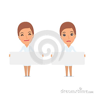 Funny Character Nurse holds and interacts with blank forms or ob Stock Photo