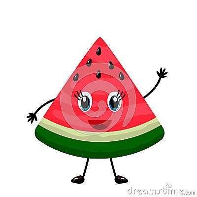 Funny character a piece of watermelon with a smile on its face. Flat vector illustration isolated on white background for web Cartoon Illustration