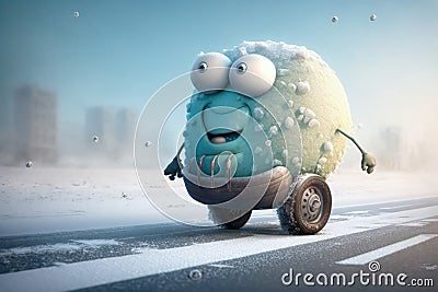 funny character, testing the traction of its winter tires on icy road Stock Photo