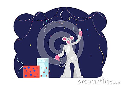 Funny Character Wearing Costume of Mouse Holding Champagne Glass in Hand in Decorated Room with Many Gift Boxes Vector Illustration